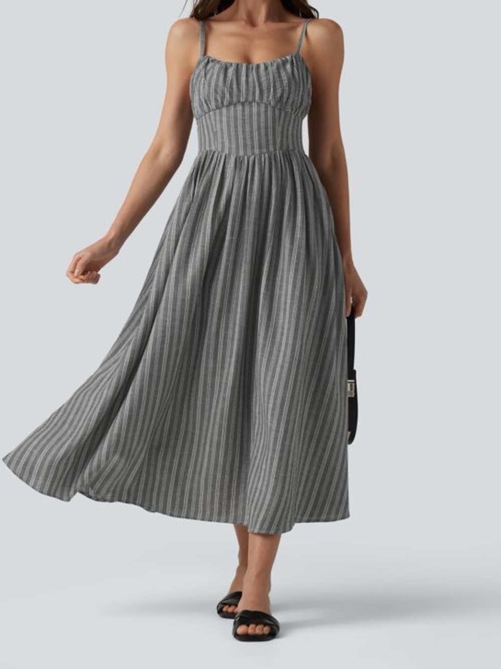 Corset Lace Up Stripe Flowy Midi Casual Slip Dress with Pockets